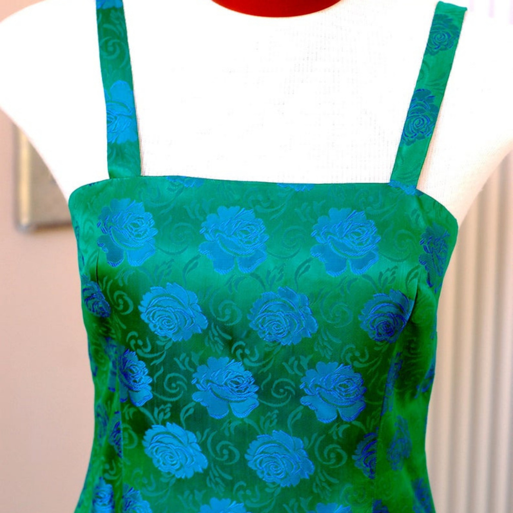 Blue Green Satin Brocade Dress & Purse Set 1960s